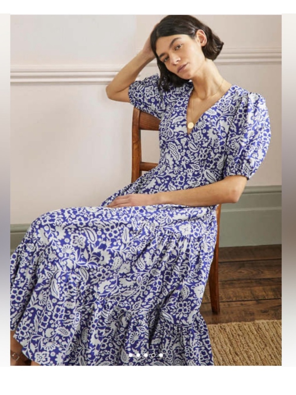 Boden Puff Sleeve Tiered Midi Dress 6 Blue Floral Cotton V Neck - Picture 2 of 11